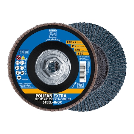 Pferd 4-1/2" x 5/8-11 Thd. POLIFAN Flap Disc - Z PSF EXTRA STEELOX, Zirconia, 80 Grit, Conical 60657